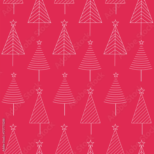 Fototapeta Minimalist geometric Scandinavian Christmas trees in outline style seamless pattern on red background. For Christmas wrapping paper, fabric and Christmas décor