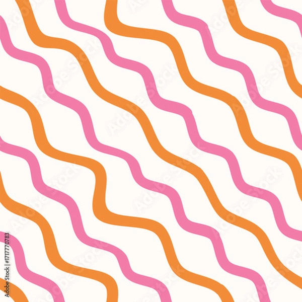 Fototapeta Retro 70s Groovy Diagonal waves seamless pattern in orange and pink on white background. For backgrounds, fabric and wallpaper
