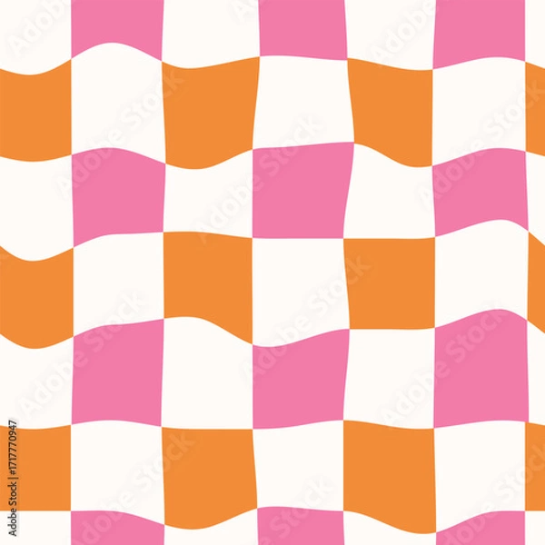 Fototapeta Psychedelic Warped Retro Pink, Orange and white Checkerboards seamless pattern. For wrapping paper, textile, fabric, and social media