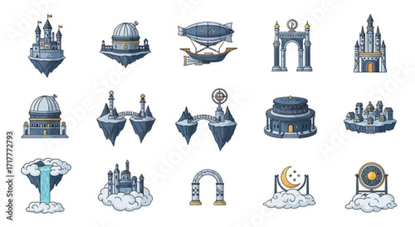 Fototapeta Set of Fantasy Floating Castles Observatories and Celestial Structures.
