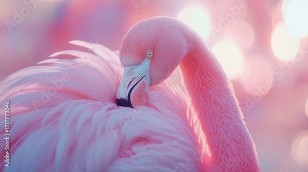 Fototapeta Pink flamingo preening sunset bokeh background