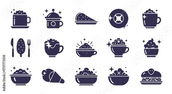 Fototapeta Stylized food and drink icons set with various kitchen items.