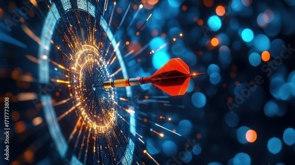 Fototapeta A dart with a red tail strikes the center of a target, surrounded by shimmering sparks and a blue, glowing background.