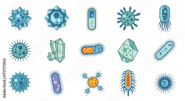 Fototapeta Various illustrations of different types of microorganisms and bacteria.