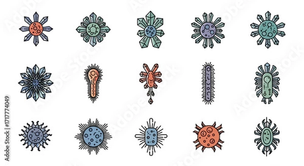 Fototapeta various types of microorganisms, detailed illustrations, scientific diagrams.