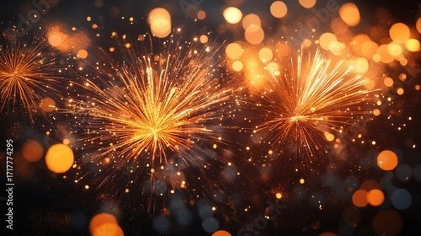 Fototapeta A vibrant display of fireworks bursts against a dark background, illuminating the scene with bright golden sparks and glowing bokeh effects.