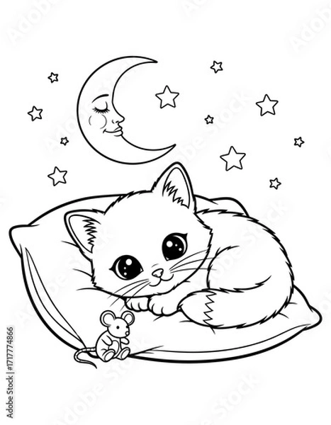 Fototapeta Vector art of cute cat sleeping on pillow moon and stars in the background line art illustration coloring page design