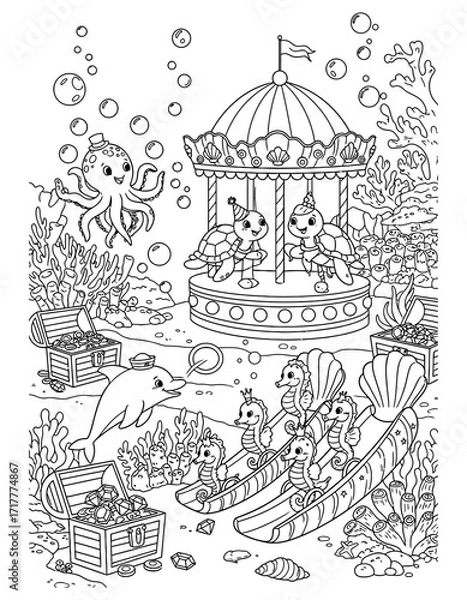 Fototapeta Vector art of underwater world with carousel, dolphin, octopus, mermaid and other sea creatures coloring page for kids and adults coloring page design