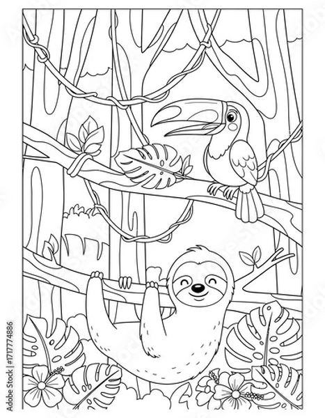 Fototapeta Vector art of sloth and toucan in the jungle coloring page coloring page design