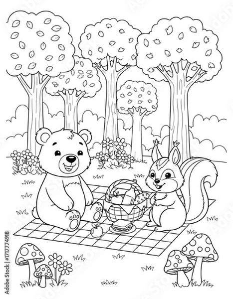 Fototapeta Vector art of cute bear and squirrel having a picnic in the forest, coloring page design