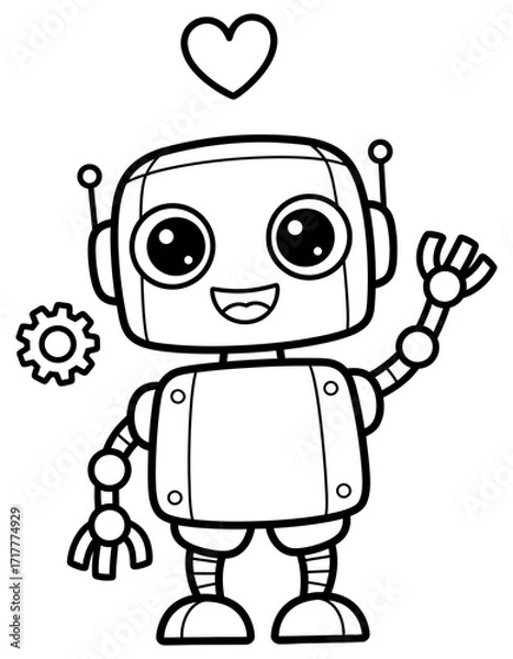 Fototapeta Vector art of adorable robot waving hand heart and gear in the background line art illustration coloring page design