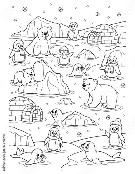 Fototapeta Vector art of polar bears and penguins in arctic landscape, coloring page design