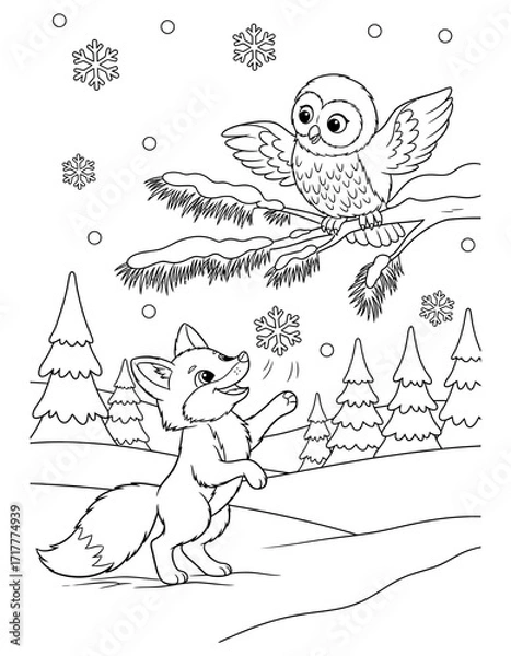 Fototapeta Vector art of cute fox and owl playing in the snow, with snowflakes falling and trees in the background, coloring page coloring page design