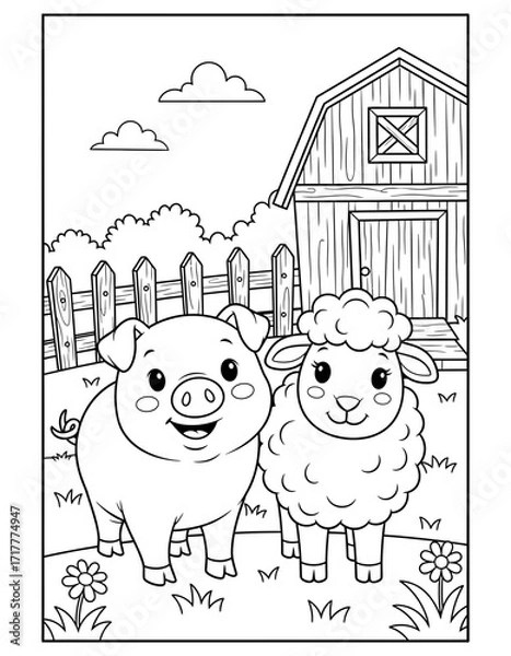 Fototapeta Vector art of cute pig and sheep on farm farm animals coloring page for kids activity coloring page design