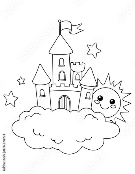 Fototapeta Vector art of fantasy castle on cloud with sun and stars coloring page coloring page design