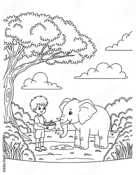 Fototapeta Vector art of boy feeding an elephant in the jungle coloring page coloring page design