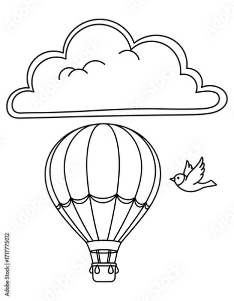Fototapeta Vector art of hot air balloon flying under a cloud with a bird, perfect for kids coloring page design