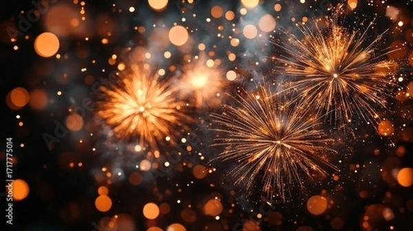 Fototapeta A dazzling display of fireworks bursts against a dark background, creating a vibrant atmosphere filled with sparkling lights and colors.