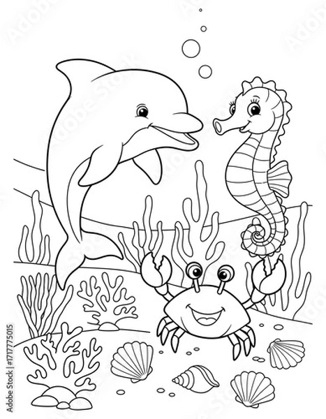 Fototapeta Vector art of dolphin, seahorse, and crab in the ocean coloring page coloring page design