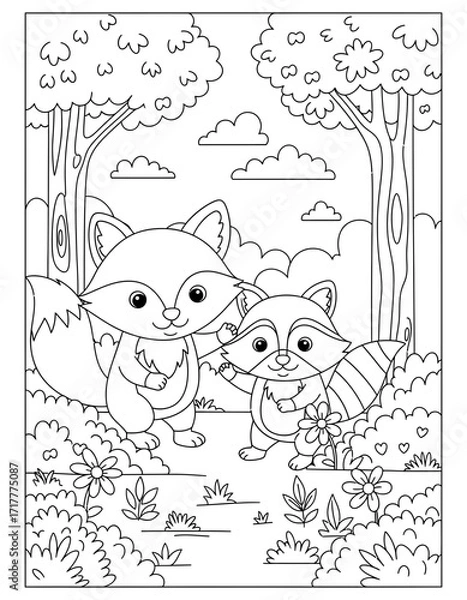 Fototapeta Vector art of adorable coloring page showcasing a cute fox and raccoon in a forest setting, coloring page design
