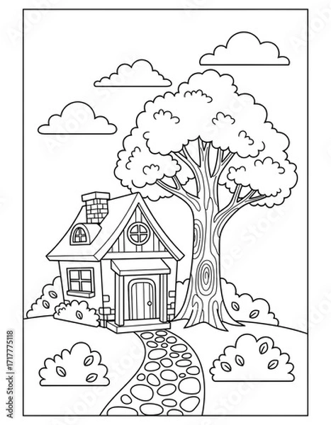 Fototapeta Vector art of cozy house with a tree for coloring book page for kids and adults coloring page design