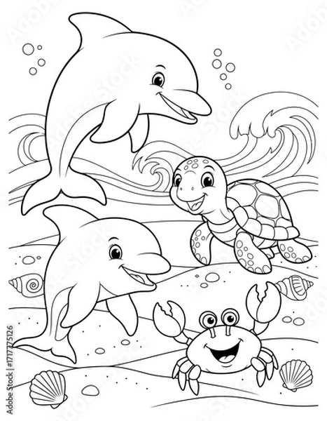 Fototapeta Vector art of dolphin, turtle, and crab under the sea for coloring book page coloring page design