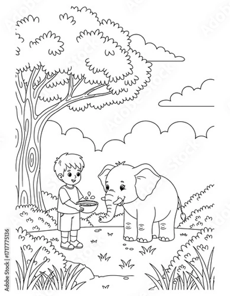 Fototapeta Vector art of boy offering fruit to baby elephant under a tree coloring page design