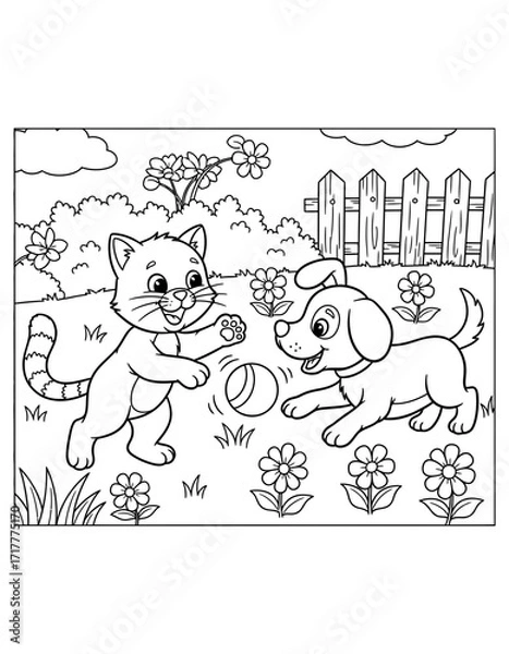 Fototapeta Vector art of cute cartoon cat and dog playing with a ball in the garden coloring page for kids coloring page design