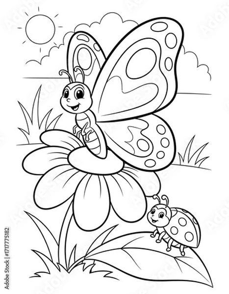 Fototapeta Vector art of cute butterfly and ladybug on a flower in black and white coloring page coloring page design