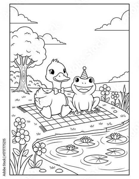 Fototapeta Vector art of duckling and frog having a picnic by the pond coloring page coloring page design