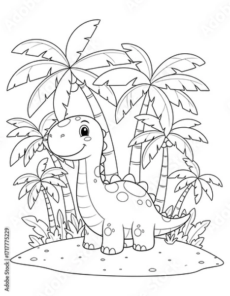 Fototapeta Vector art of cute dinosaur standing near palm trees on an island, coloring page, coloring page design