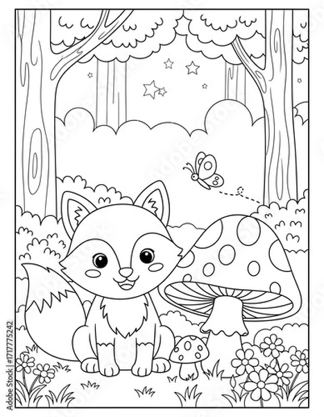 Fototapeta Vector art of cute fox in forest with mushroom in black and white coloring page style coloring page design