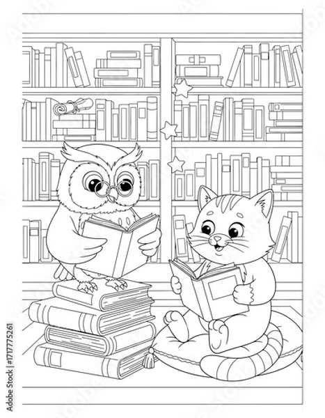 Fototapeta Vector art of cute owl and cat reading books, coloring page for kids and adults coloring page design