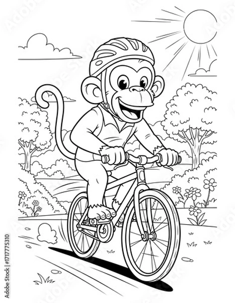 Fototapeta Vector art of monkey riding a bicycle coloring page with a happy animal cyclist coloring page design
