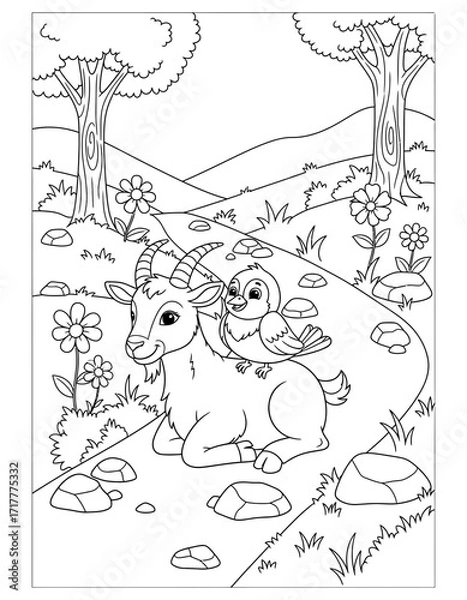 Fototapeta Vector art of goat and bird in a meadow coloring page coloring page design