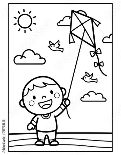 Fototapeta Vector art of happy boy flying a kite for coloring book pages and activity books coloring page design