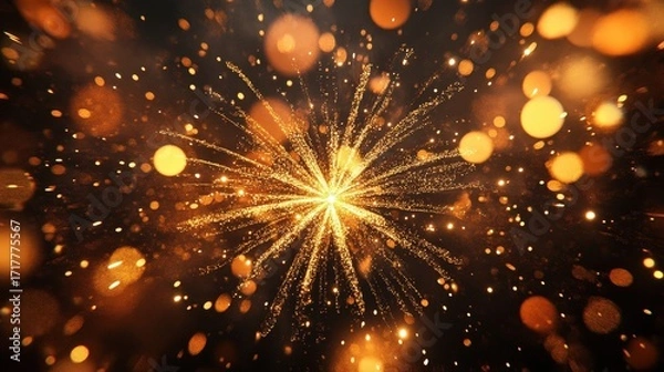 Fototapeta A vibrant explosion of golden sparks and light against a dark background, creating a festive and celebratory atmosphere.