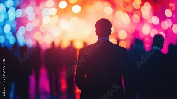 Fototapeta A silhouetted figure in a suit stands before a vibrant, colorful backdrop, creating an atmosphere of mystery and intrigue in a crowded space.