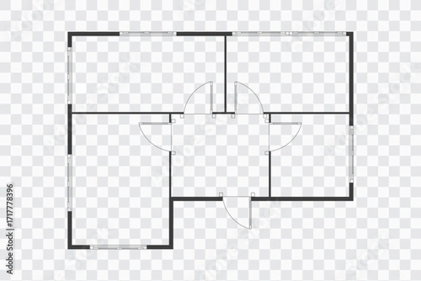 Fototapeta Floor plan simple icon room flat apartment modern unfurnished house line drawing, floor plan project, symbol. Technical architecture draw. Structure shape, build layout with doors and windows.