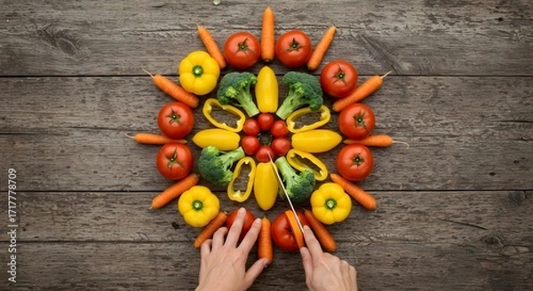 Fototapeta Vibrant Vegetarian Mandala A Colorful Culinary Creation of Fresh Produce on Rustic Wood