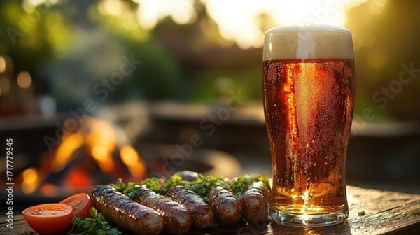 Fototapeta A refreshing glass of beer beside grilled sausages, garnished with herbs and tomatoes, set against a warm, glowing fire backdrop.