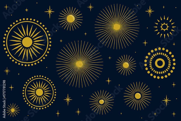 Obraz Elegant golden celestial sunburst and starburst pattern on dark navy blue background, with symmetrical layout and consistent line thickness, perfect for seamless wallpaper, luxury textile, or festive 