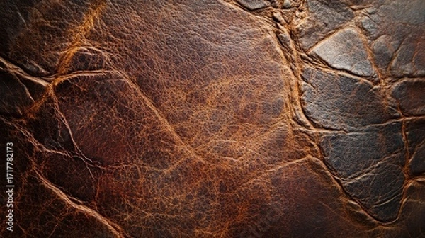 Fototapeta A close-up of textured, aged leather showcasing rich brown tones and intricate natural patterns.