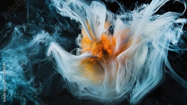 Fototapeta A vibrant swirl of blue and orange hues creates an abstract representation, resembling fluid dynamics and artistic movement against a dark backdrop.