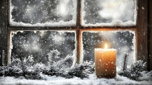 Fototapeta A cozy winter scene featuring a candle on a snowy windowsill, with falling snowflakes outside and pine branches adding a festive touch.