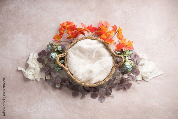 Obraz Arrière-plan, toile de fond numérique pour naissance, newborn, nouveau-né, panier rond avec fleur, couleur claire et naturelle