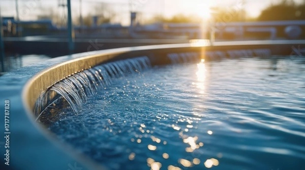 Fototapeta A tranquil scene featuring water cascading over a curved edge, reflecting sunlight, creating a serene atmosphere.