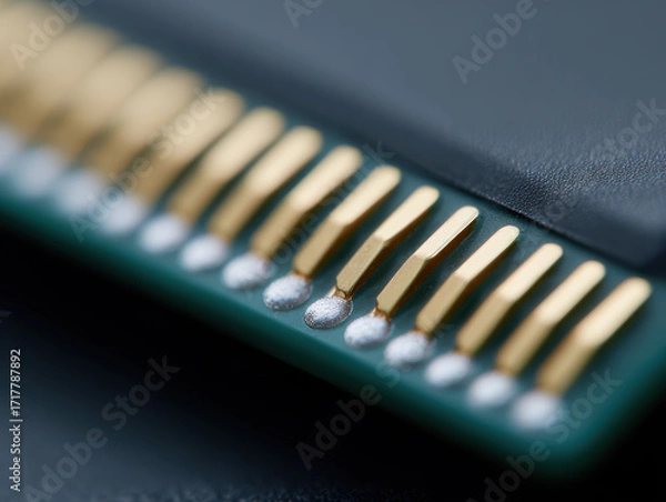 Fototapeta Close up macro of gold plated electronic chip connectors on circuit board showing detailed texture and sharp focus
