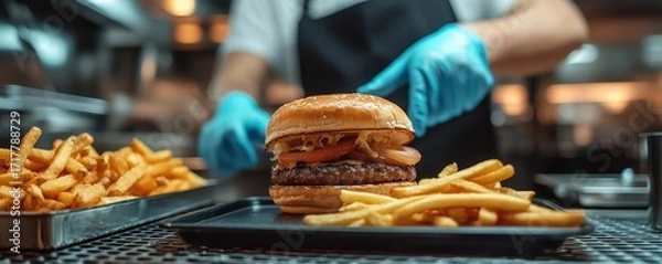 Fototapeta A delicious burger with toppings sits on a tray beside golden fries, as a gloved hand prepares to serve in a busy kitchen setting.