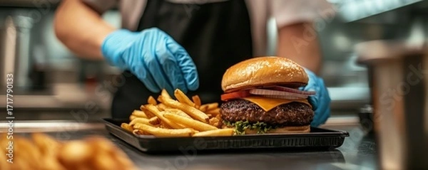 Fototapeta A close-up of a chef in gloves serving a delicious burger with fries on a tray in a restaurant kitchen setting.